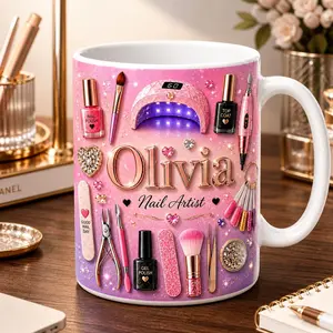 Personalized Nail Artist Mug 2D Printed 3D Effect Coffee Mug Custom Name Glitter Design for Nail Tech Manicurist Beauty Lover Gift for Women Girls Salon Owner Birthday Christmas Appreciation Gift Idea