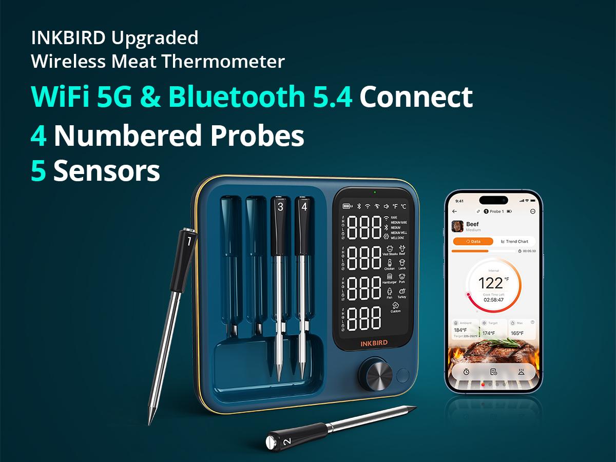 Wireless meat thermometer with 4 probes; INKBIRD WiFi Digital Wireless Meat Thermometer, featuring 5 sensors, estimates cooking time, connects to Apple Watch, and is suitable for rotisserie, grills-summervibes