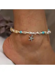Seashell Anklet with Rice Beads, Pearl Crystal Ocean Starfish Anklet for Women, Elegant Foot Jewelry, Unique Beach Accessory