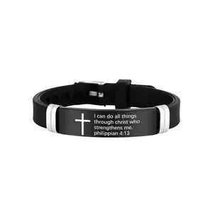 Inspirational Quote Bible Verse Cross Bracelets Faith Christian Silicone ID Wristband Religious Gifts for Men Women Stainless Steel Rubber Adjustable Bracelet