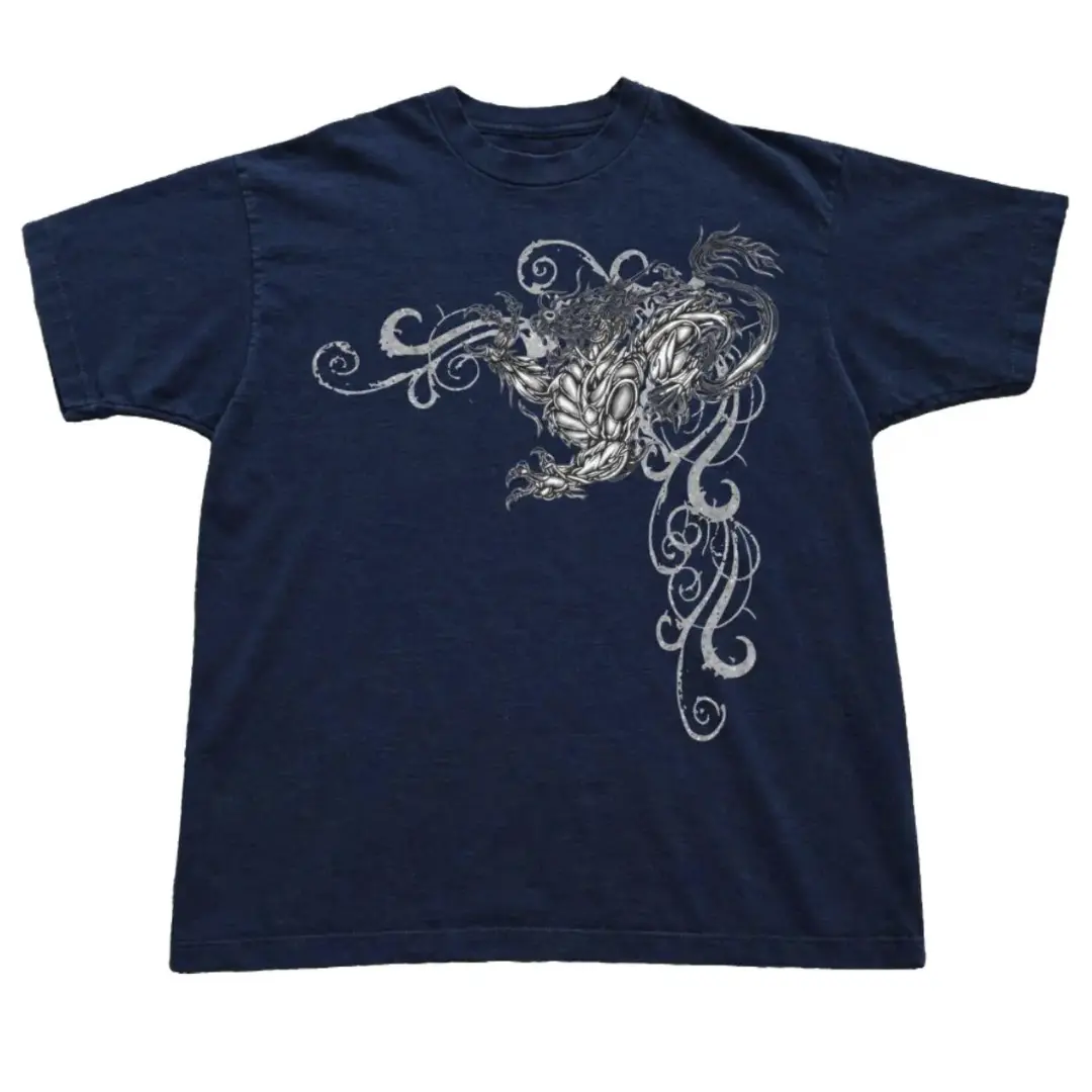 Gildan Men's Women's T-shirt, Y2K Tribal Dragon Metallic Tee, Y2k Tshirt, Gothic Grunge Emo Scene Amity Affliction, Gift Shirt, Menswear Womenswear Top Underwear Streetwear Check Crewneck Fit Printed Minimalist