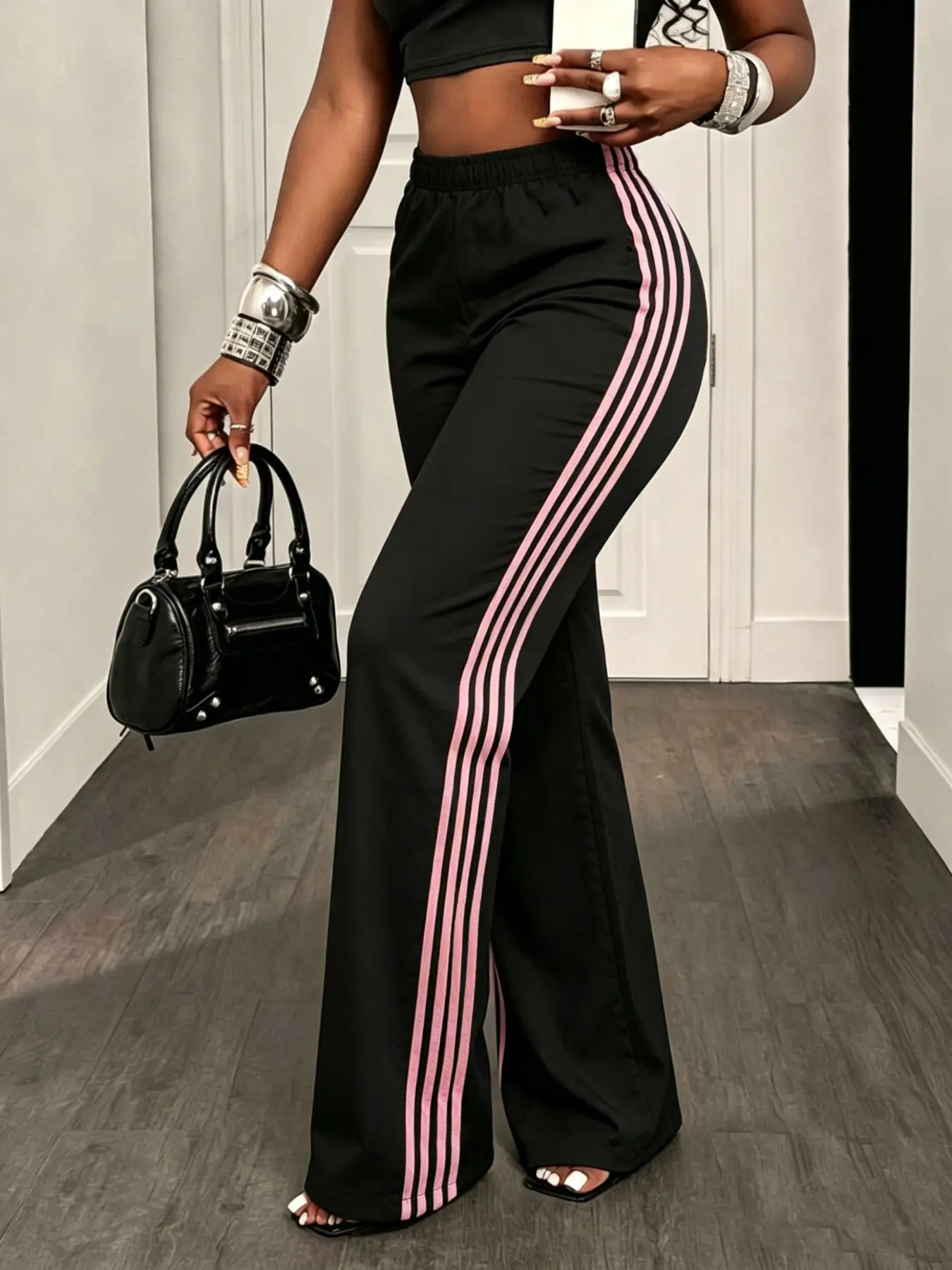 Women's Sporty Athletic Loose Straight Leg Pants, Athleisure Track Pants, Athleisure Fitness Pants, Elastic Waistband with Side Stripes, Comfortable Fit, Casual Long Trousers for Daily Wear Sportswear, Activewear Bottoms