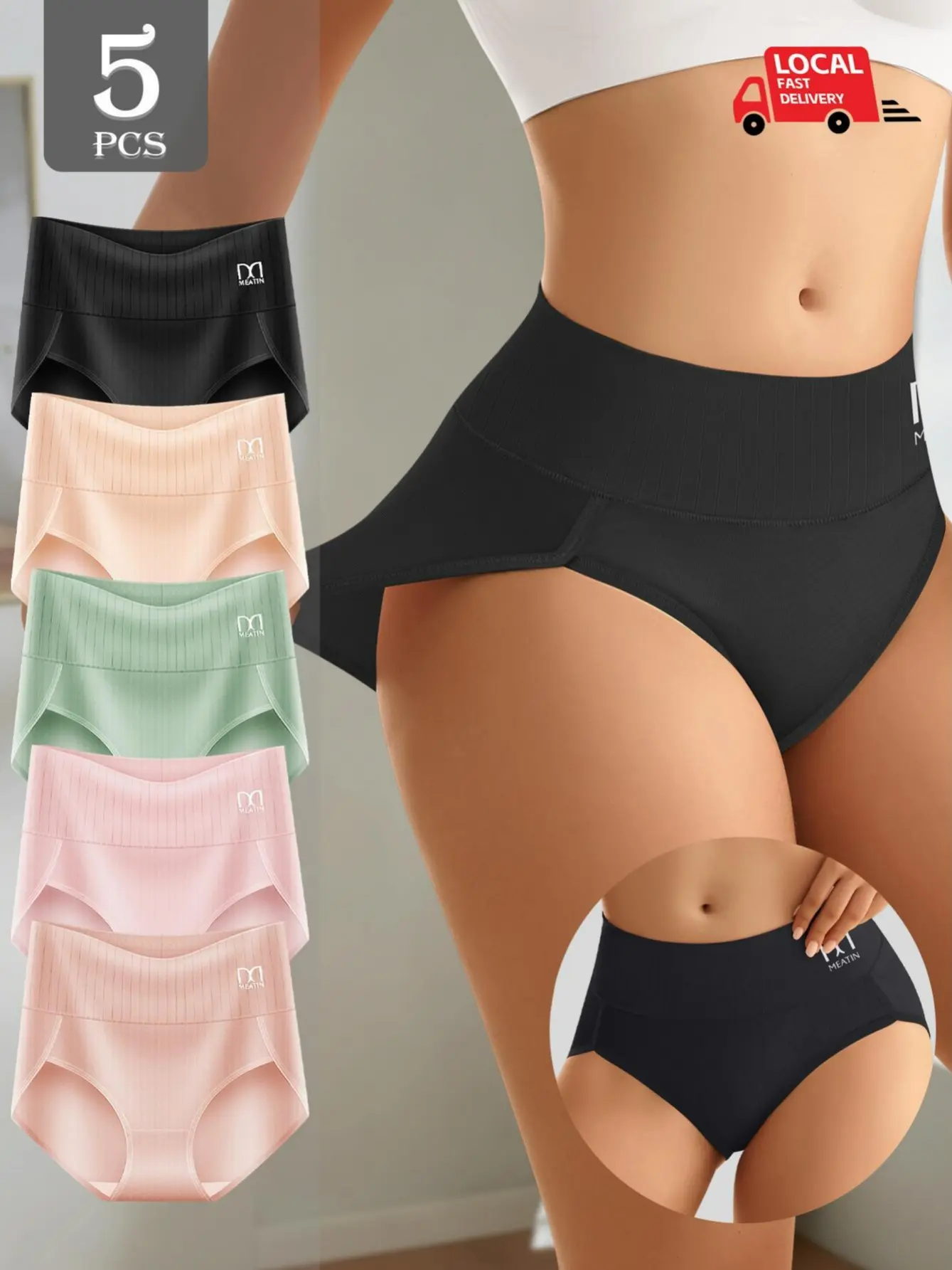 QUASTI 5 Pack Random Color High Waist Cotton Full Coverage Knicker, Seamless Design Vertical Waist Gentle Tummy Control Underwear, Ultra-Light Fabric Breathable Lightweight Casual Elegant Plus Size Briefs Confident Everyday Wear, S-5XL, Summerwins