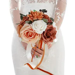 Wedding Bouquet Flower Bridal Bouquets, Artificial Rose Bridesmaid Holding Flower Ornaments ceremony Fruit Decor Foam Peonies Ribbon