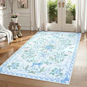 3x5  Rug, Boho Blue Floral Area Rugs Machine Washable, Soft Ultra-Thin Bow Carpet Non Slip for Girls Room Bedroom Entryway Playroom Living Room (Blue, 3' X 5')