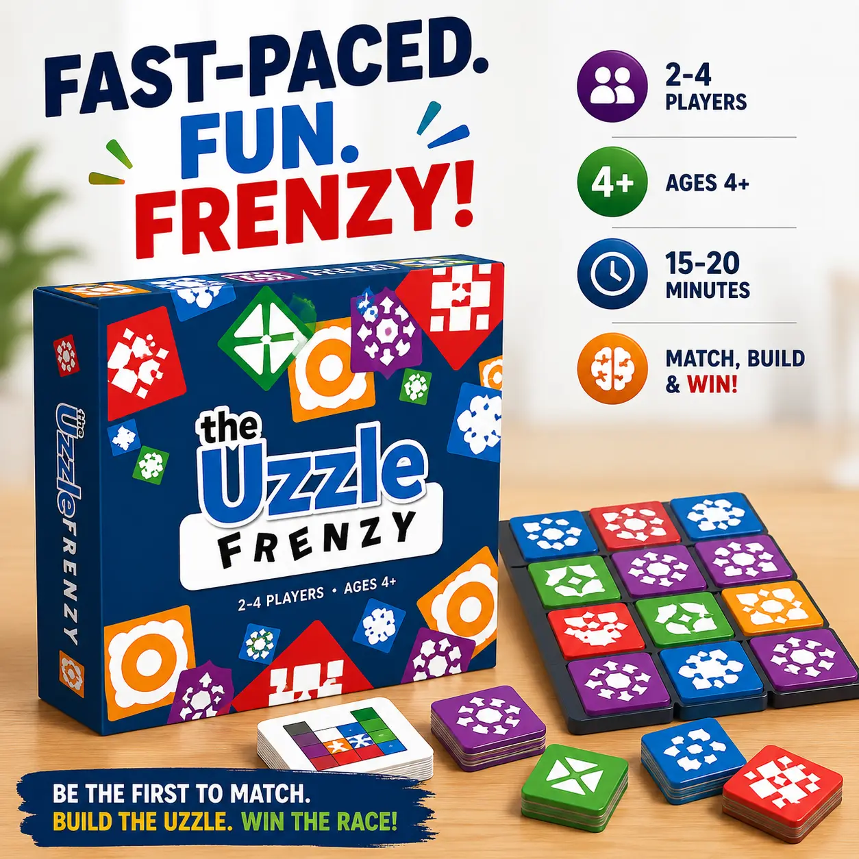 The Uzzle Frenzy – Fast-Paced Family Puzzle Board Game | Ages 4+ | 2–4 Players | Pattern Matching & Block Racing Game