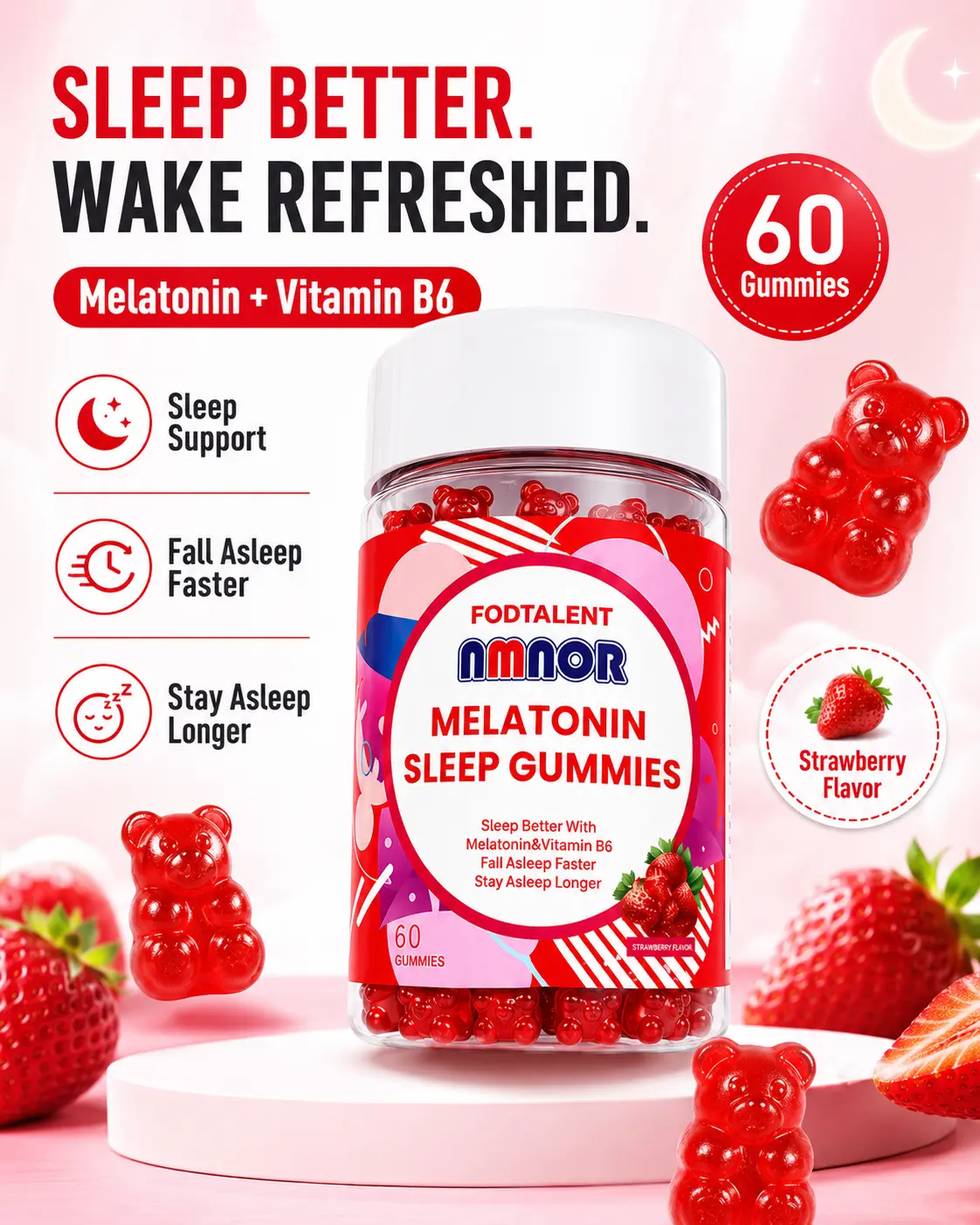 NMNOR Melatonin Sleep Aid Gummy Dietary Supplement - Gluten-Free, GMO-Free, Chewable, with Vitamin B6, 60-Count, Strawberry Flavor, Nighttime Wellness Support