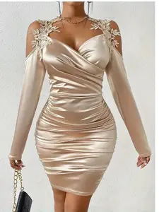 Spring And Autumn New Satin Elegant Lace Bodycon Dress With Pleated Skirt