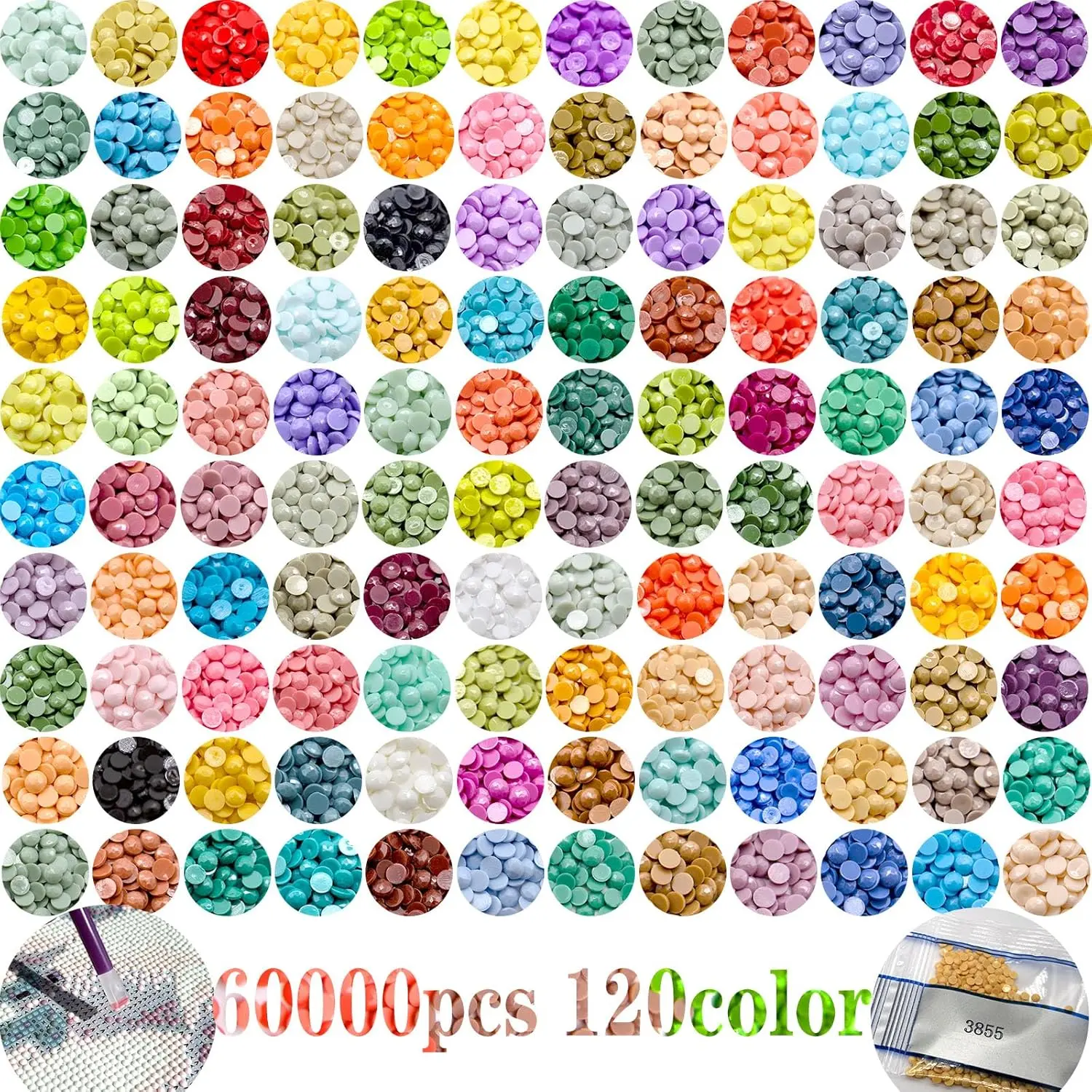 60000 count 120 Color  Art Painting Beads,Flat Bottom Round  Rhinestones for  Art Painting Accessories, Round Drills for 5D  Art DIY Craft