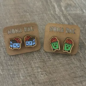 Kawaii Dumpster Fire Earrings – Tiny Hand-Painted Wooden Studs