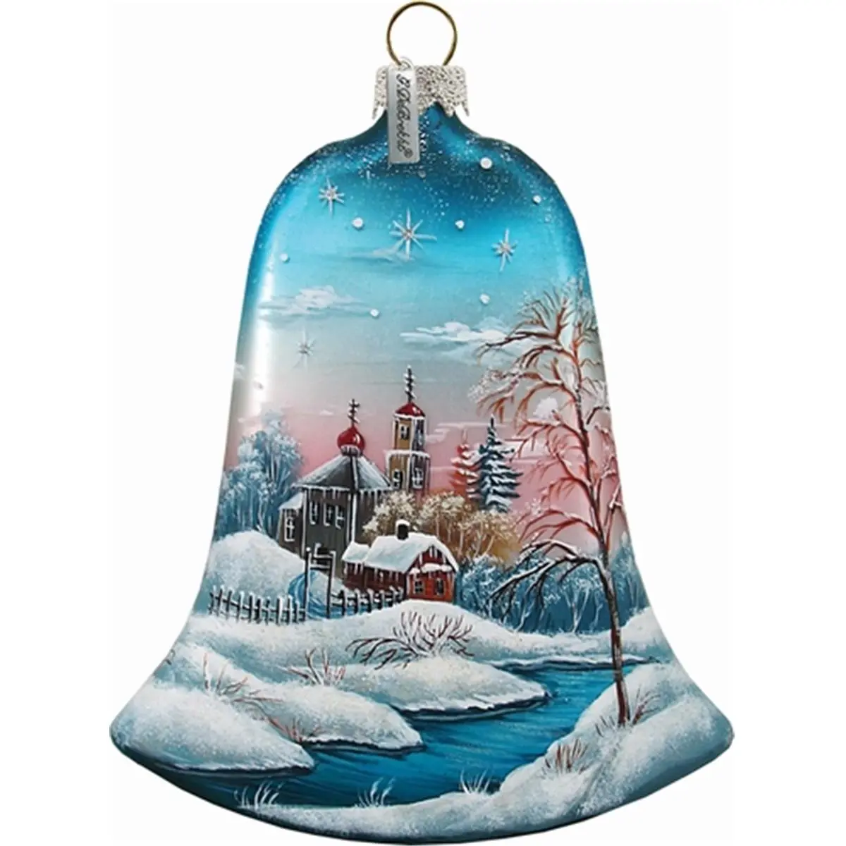 G.Debrekht 73181 Handmade Traditional Iridescent 1.5 mm Transparent Glass Bell Ornament - 3.5 in, Original Work of Art with Holiday Winter Scenery, Festive Decor Figurine & Miniature