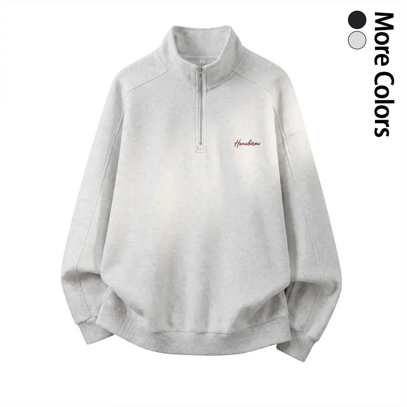 Men’s Half-Zip Collared Neck Cotton Sweatshirt, Minimalist Embroidery Logo, Loose-Fitting Long-Sleeve Pullover Casual Top for Autumn, Winter Everyday Wear, Half Zip Sweatshirt, Machine Washable, Sleeve Logo Men's Sweatshirts