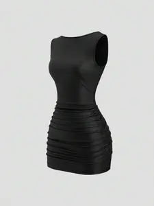 LUNIS Sweetra New Fashion Wine Red Coated Elastic Fabric Ruched Waist Slim Fit Mini Dress