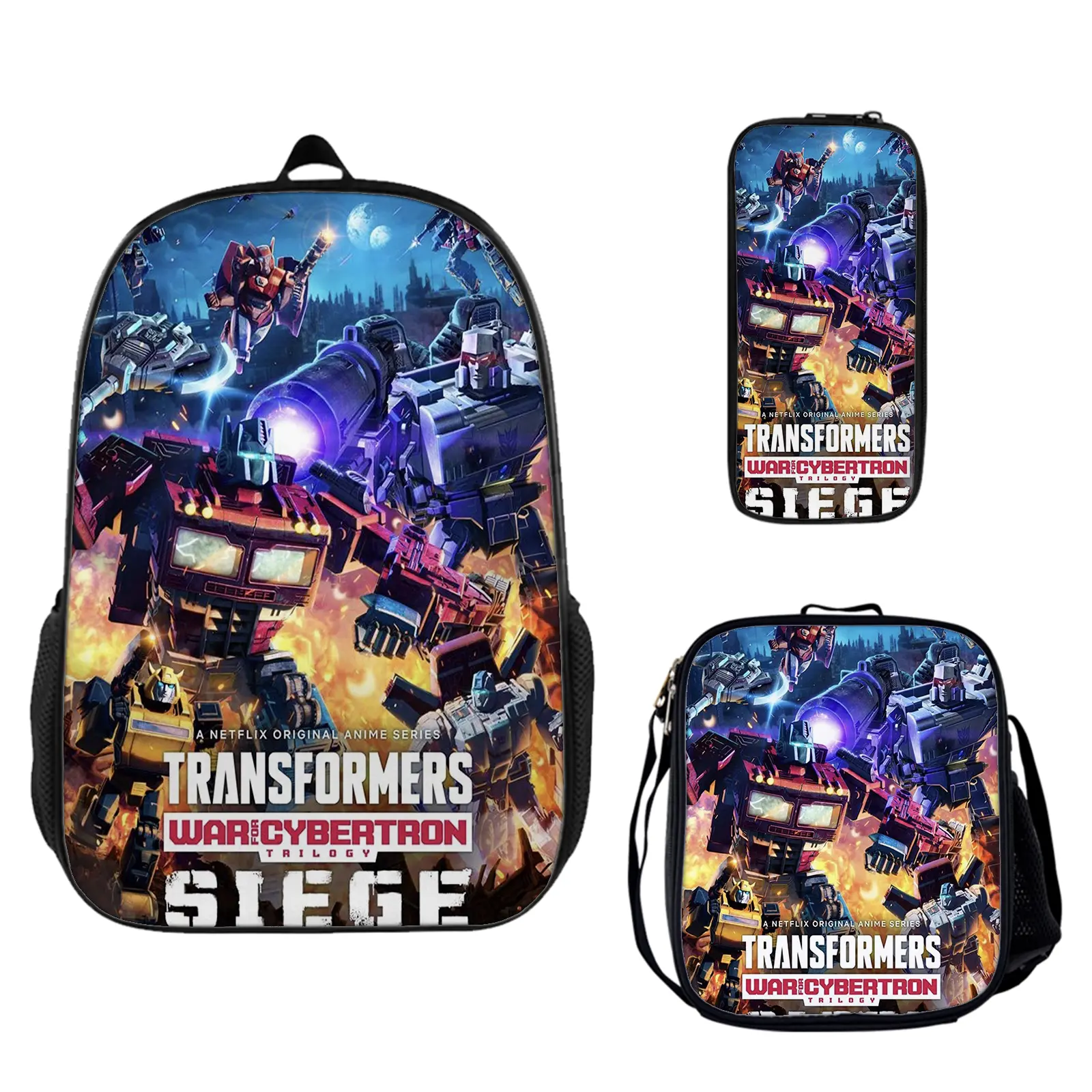 Transformers Large Capacity Backpack 3-Piece Set, School Bookbag with Insulated Lunch Box and Pencil Pouch for Teen Boys Girls, Lightweight Travel Daypack Birthday Gift for Fans c-256