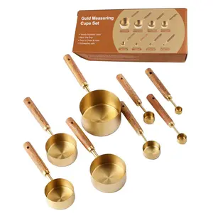 8-Piece Premium Gold Measuring Cups and Spoons Set Engraved Measuring Spoons with Natural Walnut Wood Handles - Stainless Steel Professional Baking Tools for Kitchen,Aesthetic Kitchen Tools，Mother's Day Kitchen Gift，Spoon，Food scale，New Home Essentials