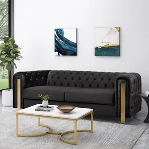 84" Modern Glam Velvet 3-Seat Sofa, Tufted Back with Tuxedo Arms & Gold Iron Legs for Living Room