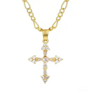 17KM Double Cross Necklace – 14K Gold Plated Dainty Layering Pendant, Tiny Cross Choker Trendy Gold Jewelry for Women