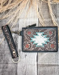 Sky Hand Tooled Hairon Leather Card Holder in Antique Brown By Myra Bag