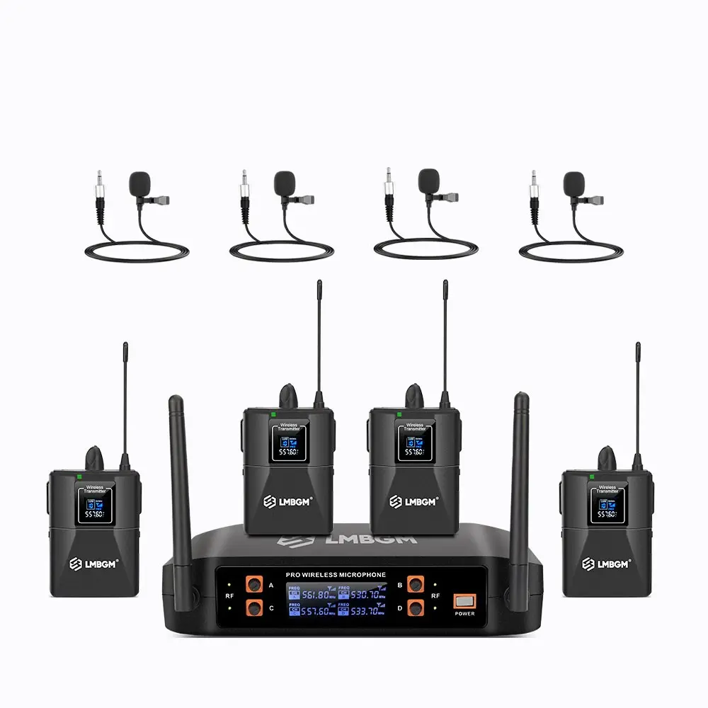 LMBGM Professional Wireless Microphone System, Professional Wireless Microphone System, 4 Channel Microphone System for Karaoke System, Church Speech, Conference, Wedding Party, Connection