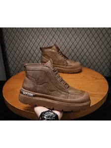 1 Pair Men's Platform High-top Casual Boots: Anti-slip & Height-boosting, Solid Color Upper + Platform Design + Textured Outsole, Street Trendy Style, Ideal for Daily Streetwear & Commuting