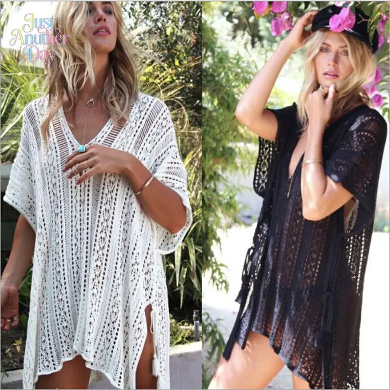 Hollow Out Knit Beach Tunic, Crochet Swimsuit Cover-Up, Loose V-Neck Bikini Cover, Lightweight Sunscreen Top for Women