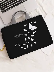 Black Laptop Sleeve Bag with "Butterflies FLYING" Lettering & White Butterfly Graphics 13-15 Inch Protective Case with Top Handle for Everyday Use