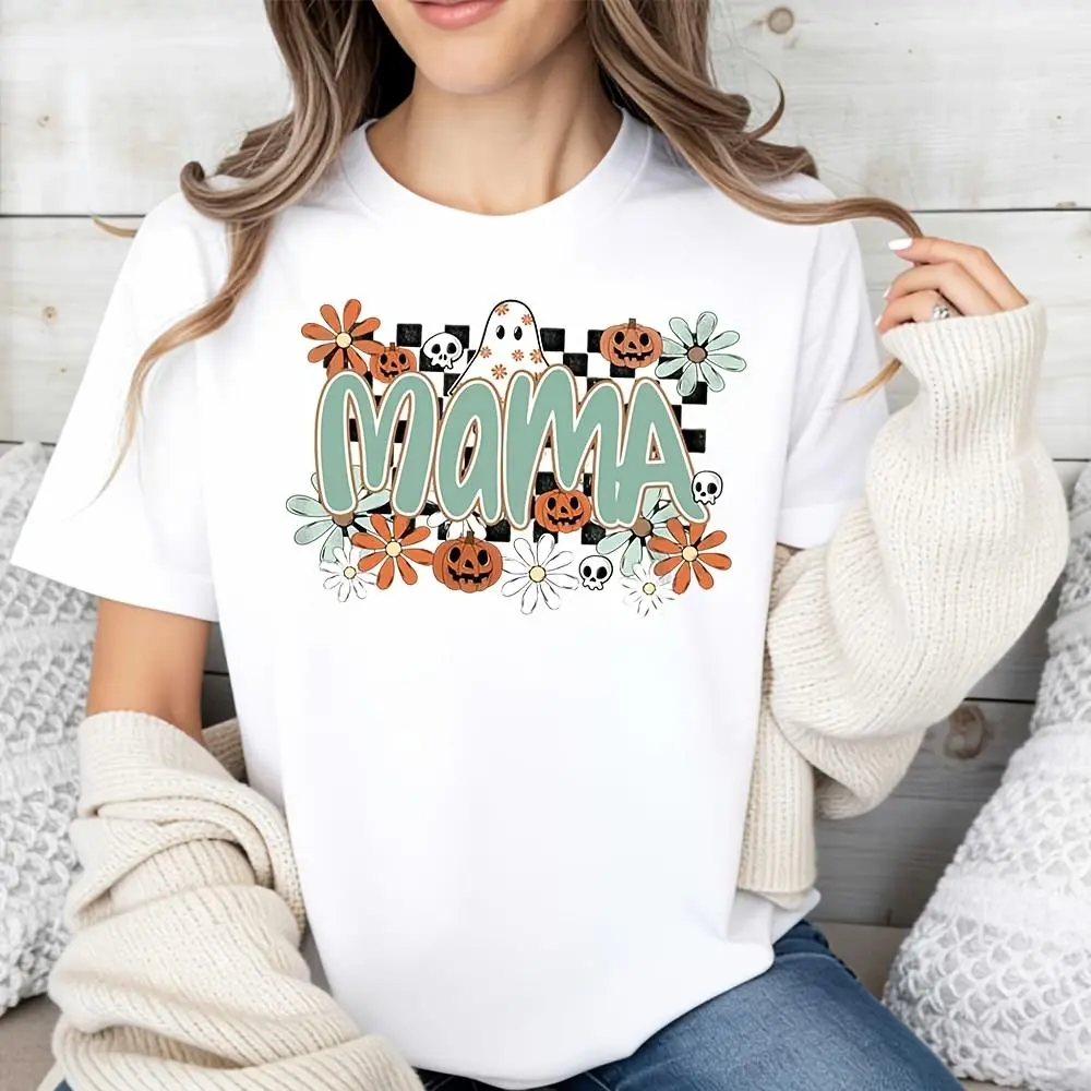 Mama Ghost Pumpkin Flower Print, Raglan Long-Sleeved T-Shirt, Halloween Family Matching Outfit, Casual Fall Festival Wear