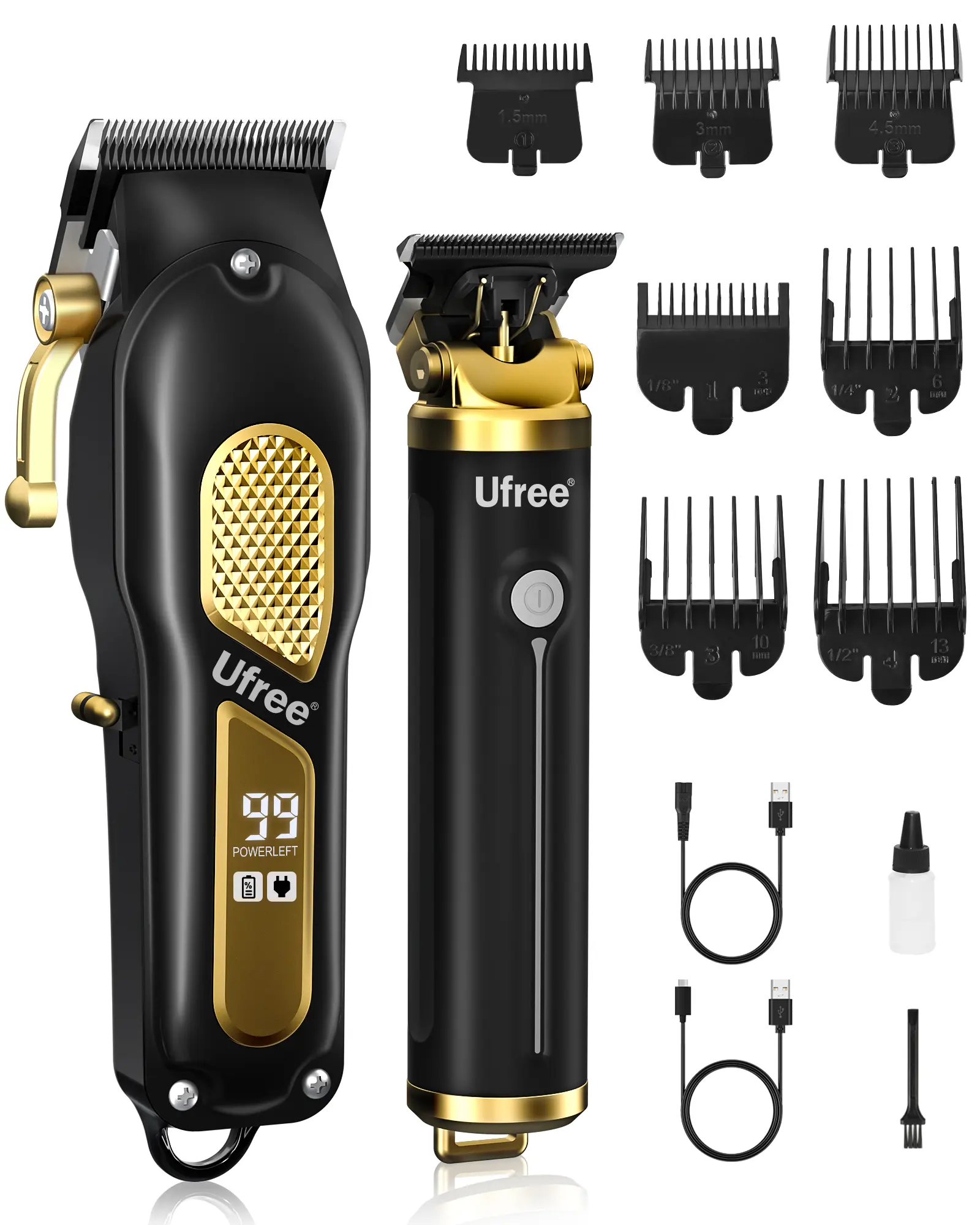 Ufree Cordless Hair Clippers for Men, Barber Clippers and Trimmers Set | 6500/7000 RPM, Stainless Steel Blades, Zero Gap T Blade, 200/300 Min Runtime, USB Charging, LED Display, 7 Guide Combs