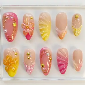 3D Sunset Floral Press on Nails, Luxury Pink Yellow Shell Ocean Fake Nails