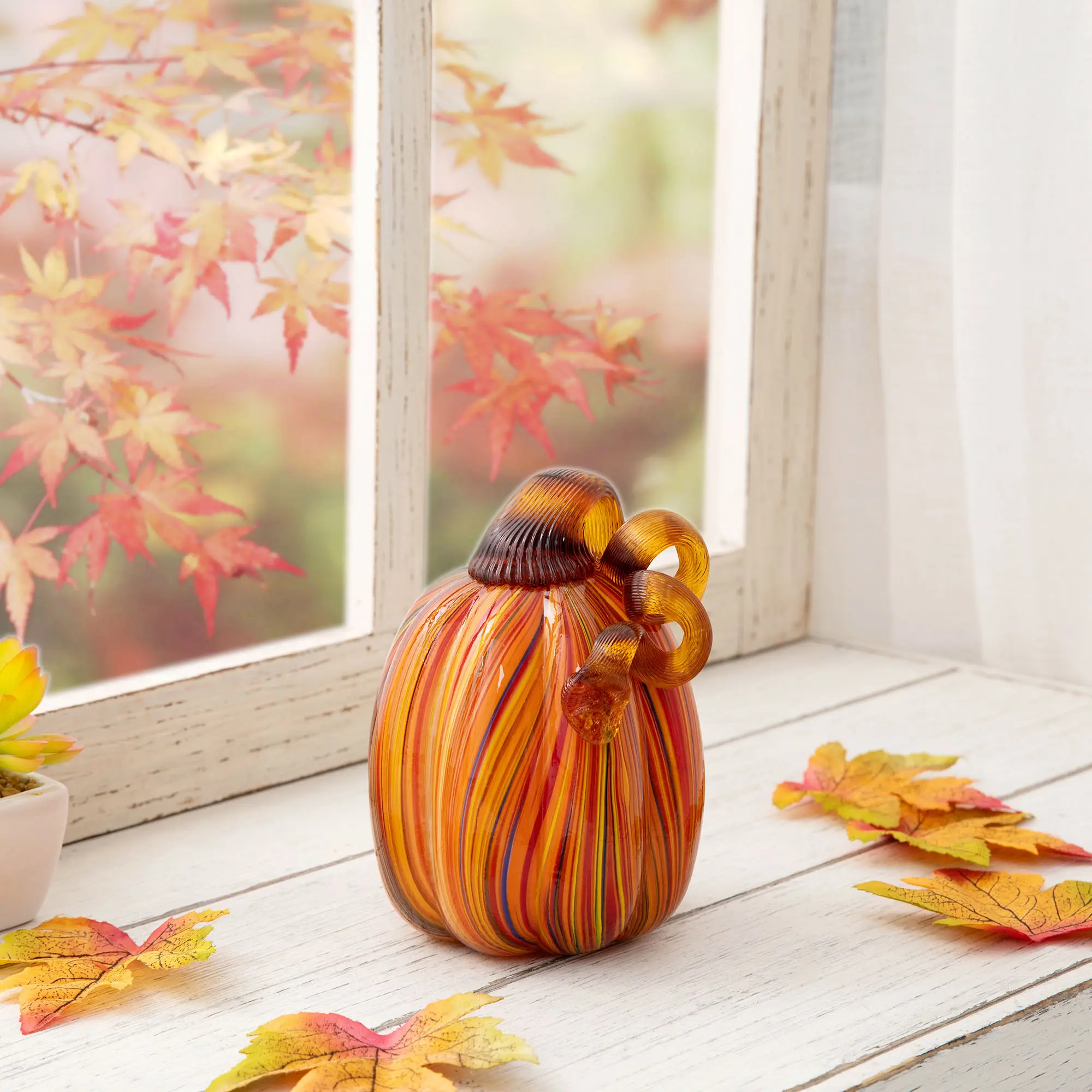 Glitzhome 5.5"H Multi-Striped Hollow Glass Pumpkin Decor, Festive Ornaments for Room Decor & Pumpkin Decorations