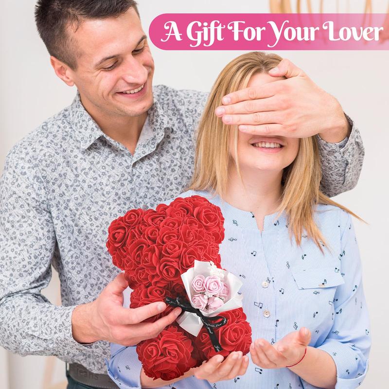 Rose Bear with Box - Artificial Flowers Rose Teddy Bear with Box, Greeting Card, Necklace - Cute & Romantic Valentine’s Day Gifts for Her, Women, Girlfriend, Wife (Red) Decor Decorative