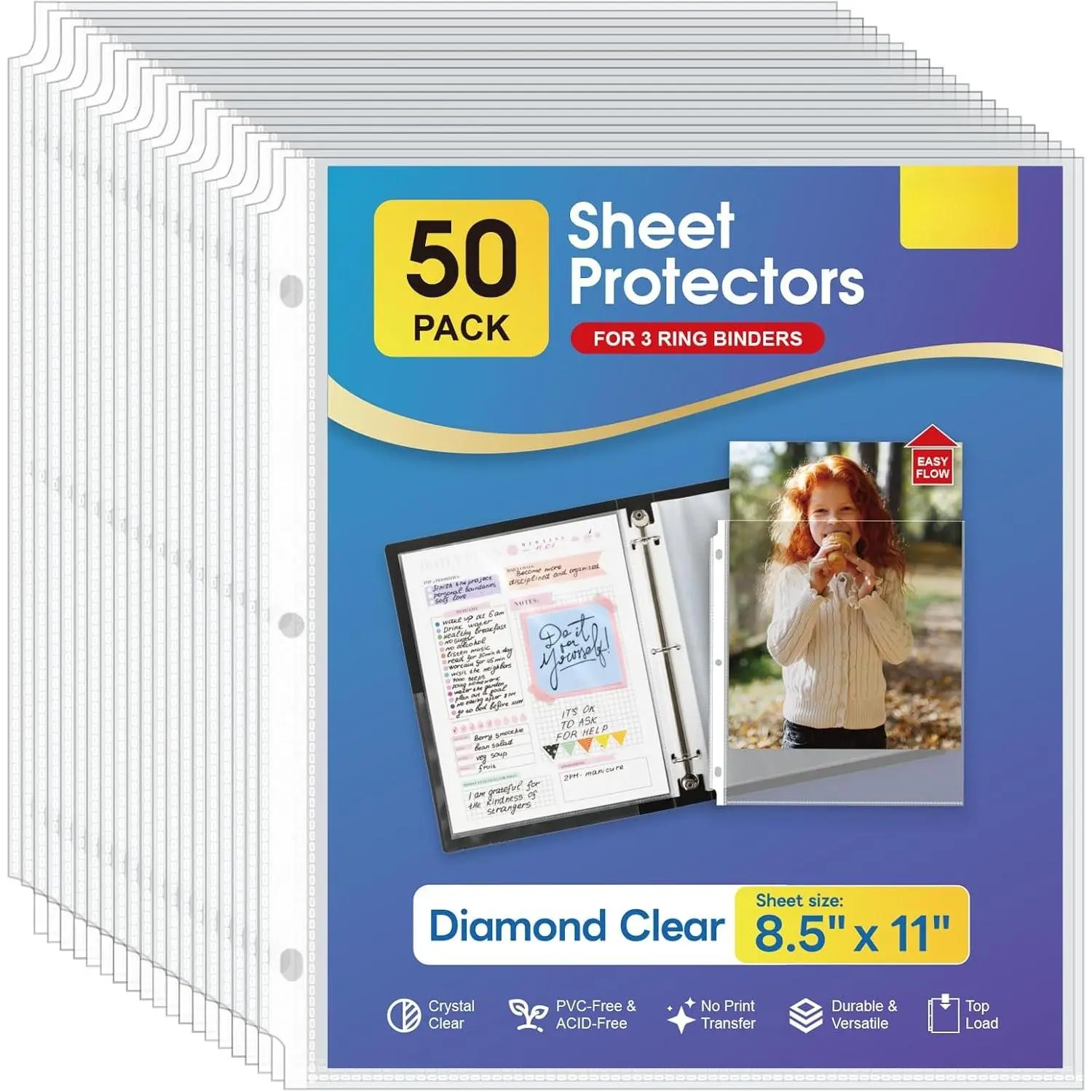 Sheet Protectors 8.5 x 11 Inch, Clear Top Loading Page Protectors for 3 Ring Binder, Polypropylene Plastic Sleeves, Letter Size Document Protectors, Office & , 50 Pack