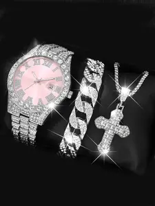 3-piece exquisite neutral steel strip trendy watch set for women, couples, men, quartz watch set