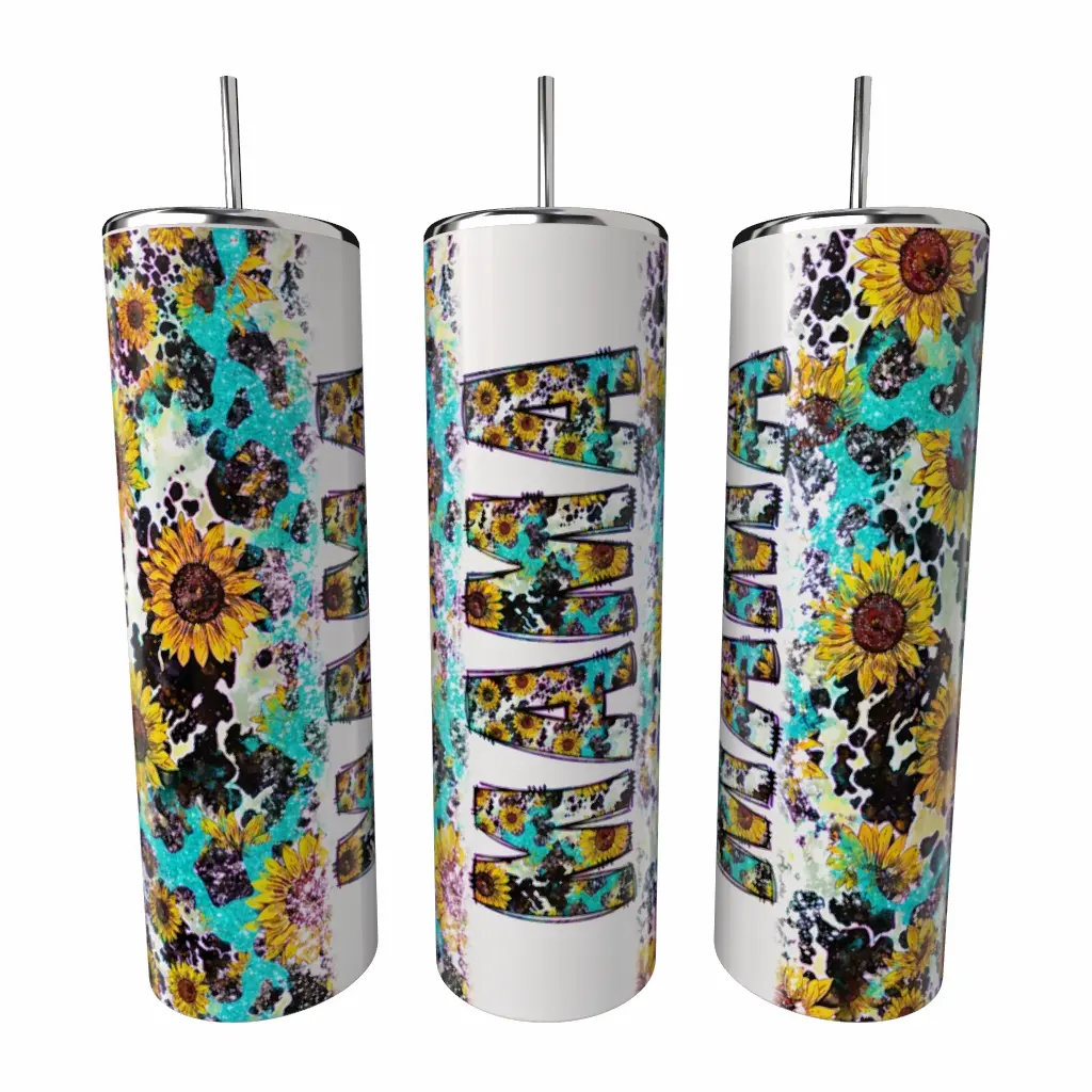 Turquoise Glitter Sunflowers Cowhide  Mama 20oz skinny Tumbler Coffee Drinkware Insulated Lid Portable