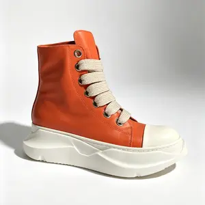 Composite bottom white thick sole cowhide sneakers size 34-48 men‘s and women's ro punk style high top shoes designer height increasing genuine leather retro shoes