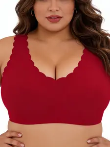 Women's Plus Size Fashion Seamless Wave Trim Bra, Breathable No-Trace, Soft Support, Wide Shoulder Straps, All Seasons