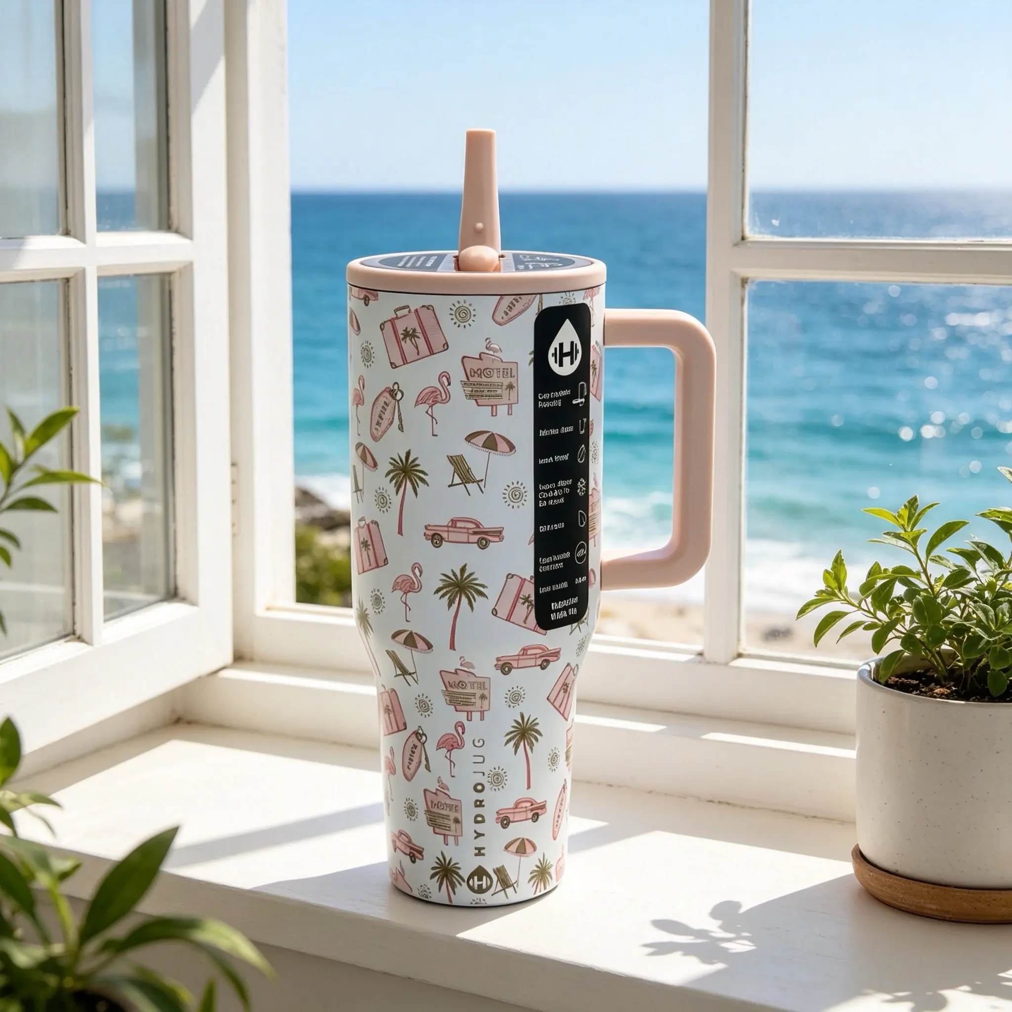 HydroJug 40oz Vintage Tropical Motel Flamingo Pattern Insulated Water Cup With Handle, Spill Proof Straw Lid, Food Grade Stainless Steel Flask, Long Lasting Cold Keeping, Portable Travel Tumbler Perfect For Beach Vacation, Car Commute And Daily Life