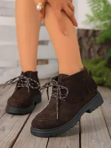 Classic Women's Lace-Up Western Ankle Boots, Thick Sole, Side Zipper, Comfortable Fashion Shoes for Daily Wear, Stylish Ladies Footwear