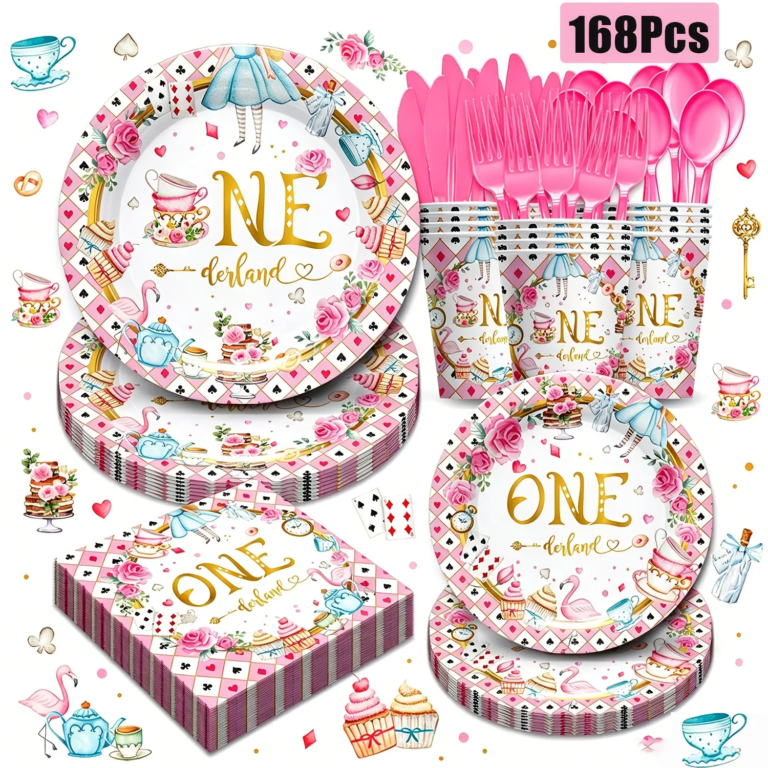 24-Guest Cute Disposable Tableware Supplies - Wonderland Happy Birthday Princess Tea Theme Set, Pink Round Plates, Napkins, Cutlery, Pink Coffee Cups for Children's 1st Party Baby Shower Decor (24 & Under, No Reusability), Disposable Cups