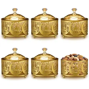 6-Pack Gold Tin Metal Iron Body Ramadan Serving Trays with Lids, 3.5-Inch Compact Moon Star Candy Canister Dessert Storage Organizer for Middle Eastern Islamic Iftar Home Decoration