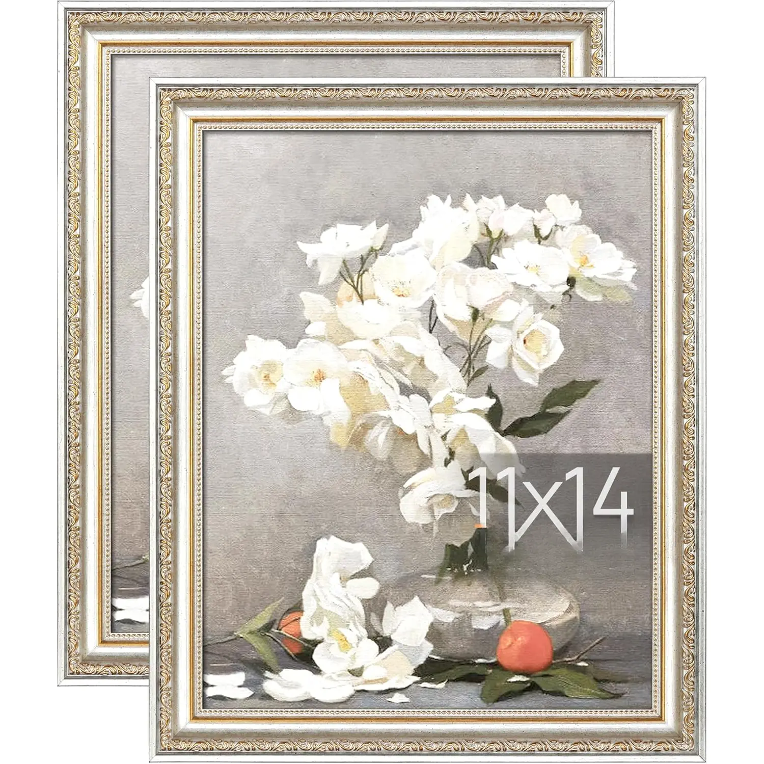 11x14 Picture Frame with Real Glass, Ornate Vintage 11 x 14 Photo Frames for Wall Decor or Tabletop Display, Gold and White, 2 Pack