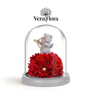 Forever Rose in Glass Dome with Cupid Bear, Preserved Eternal Rose, Valentine's Day Gift for Her