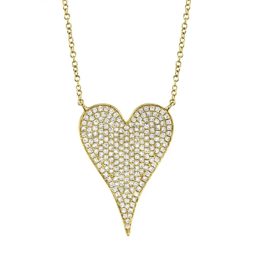 14K Yellow Gold Pave Diamond Heart Necklace - Large