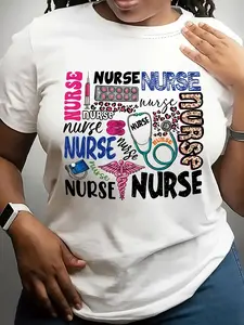 Short-Sleeved Round-Neck T-Shirt with a Nurse Pattern Casual Style Made of Knitted Fabric Featuring Letter Designs Regular Length Suitable for Wearing in All Seasons.