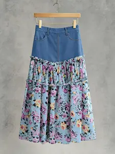 Women's Ditsy Floral Print Contrast Mesh Midi Tiered Layer Skirt, High Waist Pocket Design, Casual Fitted A-Line, Perfect for Daily Commute and Vacation