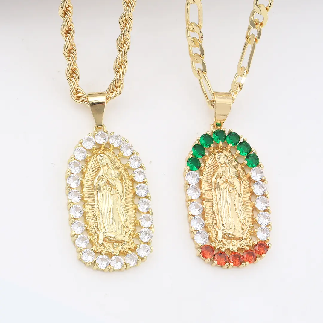 14k Gold Plated Virgen Mary Necklace, Multicolor Religious Our Lady Guadalupe Necklace, Gift for Her Him