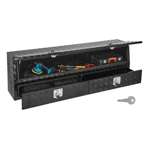 Summervibes VEVOR Contractor Truck Tool Box, 72x 21x 13 in, Black Tread Aluminum TopSider Toolbox with Two Lower Drawers, Flip Up Door, Weather-Resistant Heavy Duty Storage Box with Latch, for Truck Bed Pickup