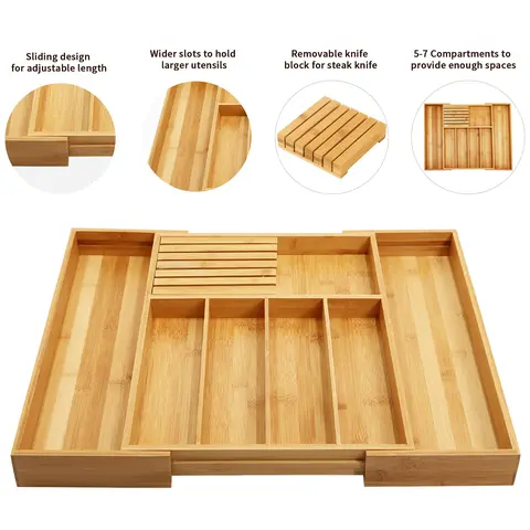 Natural Bamboo Drawer Storage Organizer - Multifunctional Home Organizer with Adjustable Dividers, Expandable Compartments, Universal Cutlery Utensil Holder, Classic Long Rectangle Kitchen Knife Block