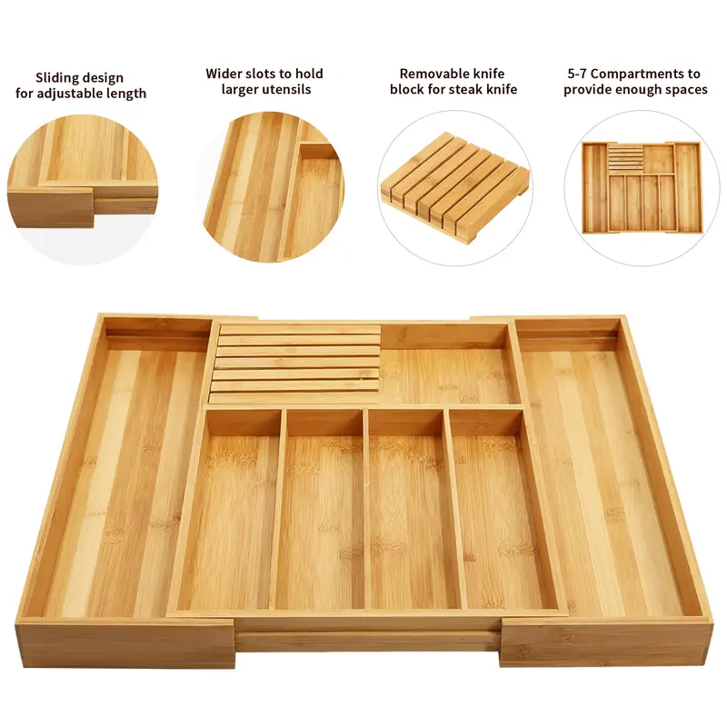 Natural Bamboo Drawer Storage Organizer - Multifunctional Home Organizer with Adjustable Dividers, Expandable Compartments, Universal Cutlery Utensil Holder, Classic Long Rectangle Kitchen Knife Block
