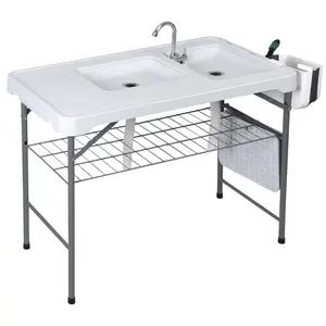 SUPERDEAL Fish Cleaning Table with 2 Sinks, 42.6'' Portable Folding Camping Fish Station with Grid Rack&Fish Cleaning Kit for Picnic, Patio
